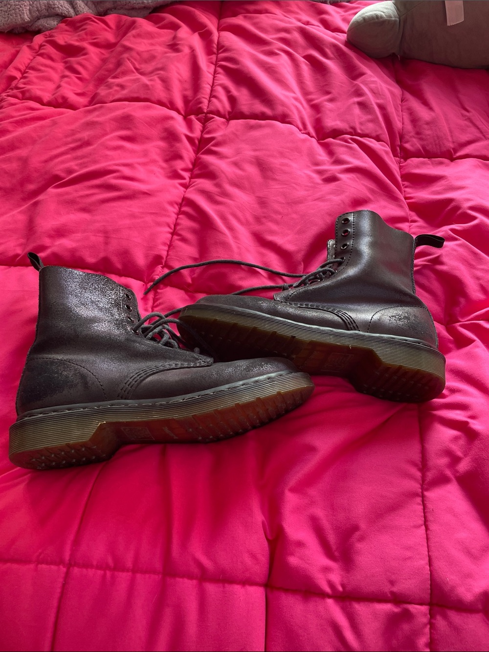 Dr. Martens Women's Pasquale Suede Purple Sparkly Lace-Up Combat Boots Women’s 8